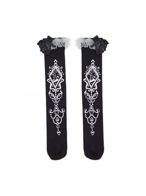 Cool Black Cute Black Bowknot White Exquisite Prints Lace Sweet Lolita Mid Calf Socks