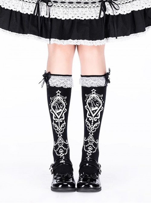 Cool Black Cute Black Bowknot White Exquisite Prints Lace Sweet Lolita Mid Calf Socks