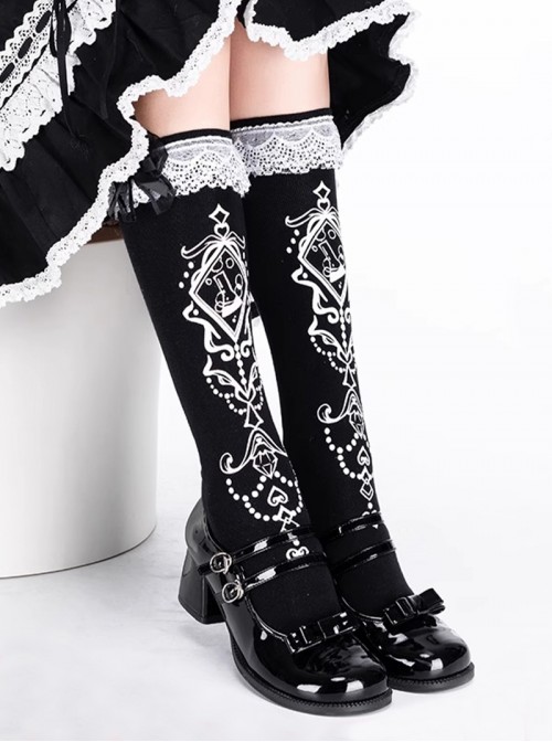 Cool Black Cute Black Bowknot White Exquisite Prints Lace Sweet Lolita Mid Calf Socks