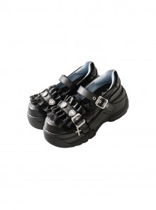 Eternal Night System Series Sweet Cool Subculture Black Lace Diamond Buckle Cross Pendant Metal Buckle Gothic Lolita Round Toe Thick Platform Shoes