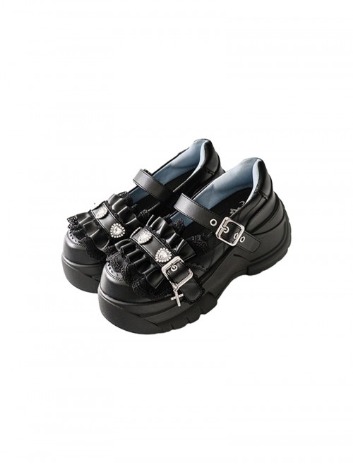 Eternal Night System Series Sweet Cool Subculture Black Lace Diamond Buckle Cross Pendant Metal Buckle Gothic Lolita Round Toe Thick Platform Shoes
