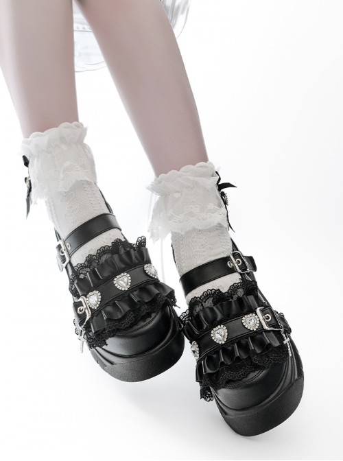 Eternal Night System Series Sweet Cool Subculture Black Lace Diamond Buckle Cross Pendant Metal Buckle Gothic Lolita Round Toe Thick Platform Shoes