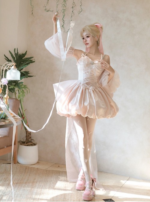 Runaway Princess Series Pink Lace Bowknot Pearl Diamond Decoration Ballet Style Flower Bud Sweet Lolita Sleeveless Dress Cuff Train Set