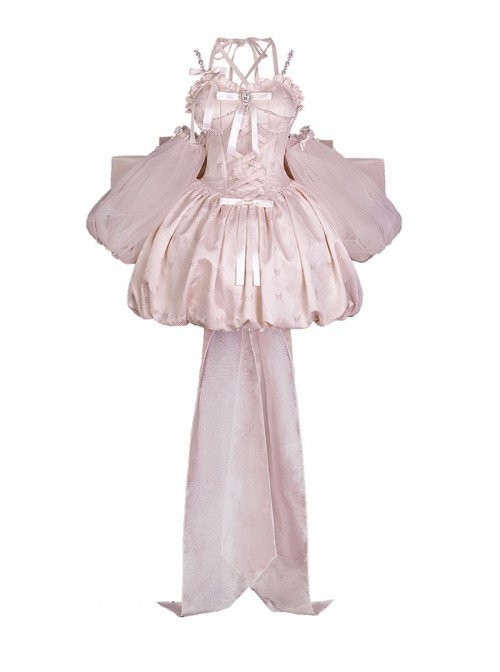 Runaway Princess Series Pink Lace Bowknot Pearl Diamond Decoration Ballet Style Flower Bud Sweet Lolita Sleeveless Dress Cuff Train Set