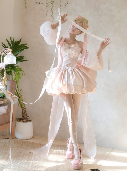 Runaway Princess Series Pink Lace Bowknot Pearl Diamond Decoration Ballet Style Flower Bud Sweet Lolita Sleeveless Dress Cuff Train Set