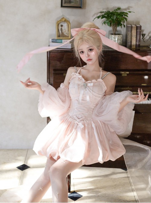 Runaway Princess Series Pink Lace Bowknot Pearl Diamond Decoration Ballet Style Flower Bud Sweet Lolita Sleeveless Dress Cuff Train Set