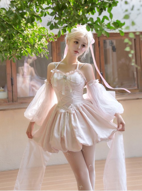 Runaway Princess Series Pink Lace Bowknot Pearl Diamond Decoration Ballet Style Flower Bud Sweet Lolita Sleeveless Dress Cuff Train Set