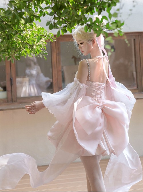 Runaway Princess Series Pink Lace Bowknot Pearl Diamond Decoration Ballet Style Flower Bud Sweet Lolita Sleeveless Dress Cuff Train Set