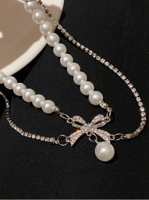 Gentle Temperament Gorgeous Style Rhinestone Bowknot Pearl Silver Chain Double Layer Classic Lolita Necklace