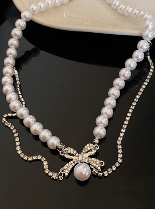 Gentle Temperament Gorgeous Style Rhinestone Bowknot Pearl Silver Chain Double Layer Classic Lolita Necklace