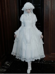 Forgotten Heaven Series White Lace Binding Band Design Fluffy Hem Gothic Lolita Puffy Long Sleeve Dress Corset Bowknot Gentleman Collar Headband Set