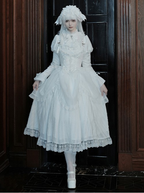 Forgotten Heaven Series White Lace Binding Band Design Fluffy Hem Gothic Lolita Puffy Long Sleeve Dress Corset Bowknot Gentleman Collar Headband Set