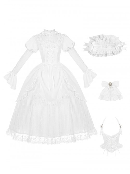 Forgotten Heaven Series White Lace Binding Band Design Fluffy Hem Gothic Lolita Puffy Long Sleeve Dress Corset Bowknot Gentleman Collar Headband Set