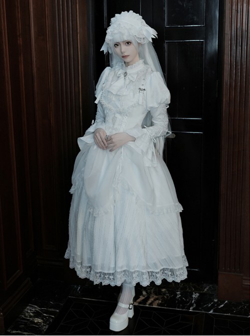 Forgotten Heaven Series White Lace Binding Band Design Fluffy Hem Gothic Lolita Puffy Long Sleeve Dress Corset Bowknot Gentleman Collar Headband Set