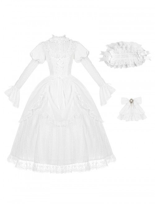 Forgotten Heaven Series White Lace Binding Band Design Fluffy Hem Gothic Lolita Puffy Long Sleeve Dress Corset Bowknot Gentleman Collar Headband Set