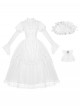 Forgotten Heaven Series White Lace Binding Band Design Fluffy Hem Gothic Lolita Puffy Long Sleeve Dress Corset Bowknot Gentleman Collar Headband Set