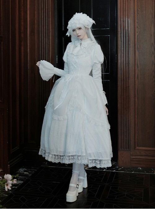 Forgotten Heaven Series White Lace Binding Band Design Fluffy Hem Gothic Lolita Puffy Long Sleeve Dress Corset Bowknot Gentleman Collar Headband Set