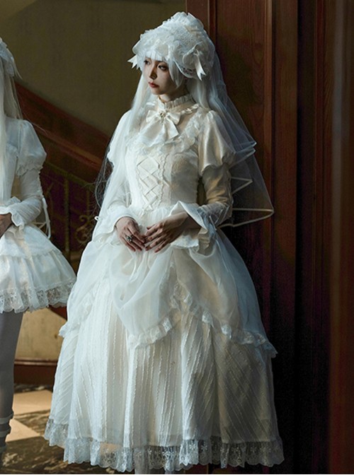 Forgotten Heaven Series White Lace Binding Band Design Fluffy Hem Gothic Lolita Puffy Long Sleeve Dress Corset Bowknot Gentleman Collar Headband Set