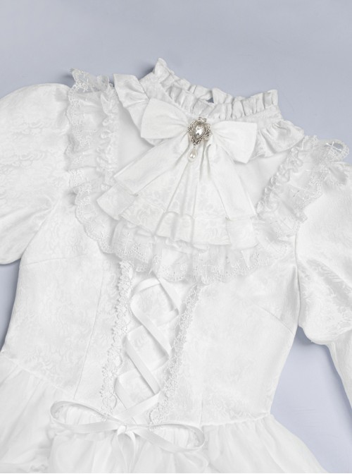 Forgotten Heaven Series White Lace Binding Band Design Fluffy Hem Gothic Lolita Puffy Long Sleeve Dress Corset Bowknot Gentleman Collar Headband Set