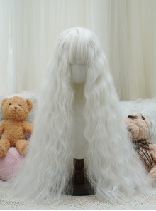 Cute Daily Fluffy Elegant Milky White Natural Corn Silk Wool Curls Long Hair Flat Bangs Sweet Lolita Full Head Wig