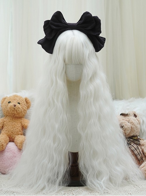 Cute Daily Fluffy Elegant Milky White Natural Corn Silk Wool Curls Long Hair Flat Bangs Sweet Lolita Full Head Wig