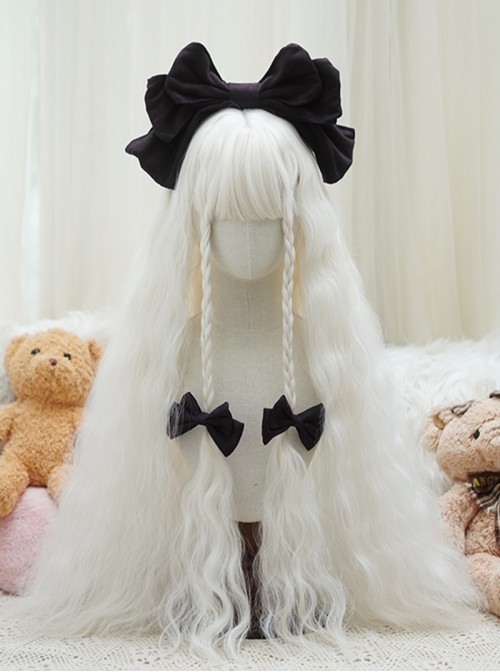 Cute Daily Fluffy Elegant Milky White Natural Corn Silk Wool Curls Long Hair Flat Bangs Sweet Lolita Full Head Wig