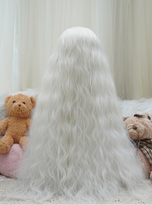 Cute Daily Fluffy Elegant Milky White Natural Corn Silk Wool Curls Long Hair Flat Bangs Sweet Lolita Full Head Wig