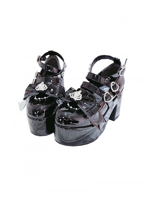 Coronation Gift Box Series Japanese Style Crown Bowknot Heart Rhinestone Decoration Sweet Lolita High Heel Platform Shoes