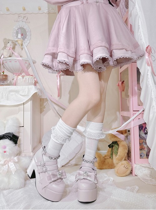 Coronation Gift Box Series Japanese Style Crown Bowknot Heart Rhinestone Decoration Sweet Lolita High Heel Platform Shoes
