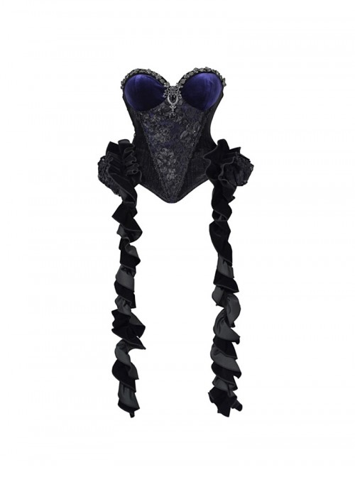Mourning Day Series Dark Romantic Gorgeous Black Diamond Floral Lace Purple Velvet Removable Ruffle Hem Halloween Gothic Punk Fishbone Corset