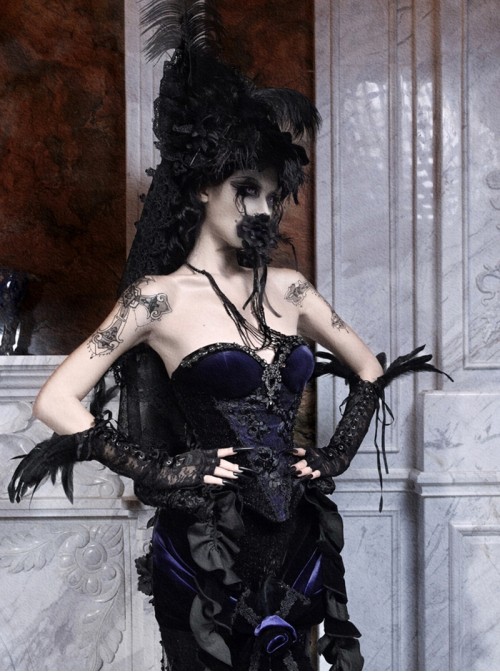 Mourning Day Series Dark Romantic Gorgeous Black Diamond Floral Lace Purple Velvet Removable Ruffle Hem Halloween Gothic Punk Fishbone Corset