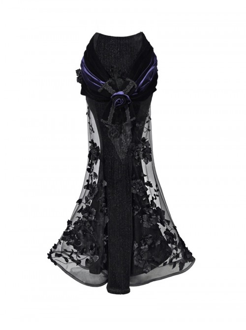 Mourning Day Series Dark Gorgeous Black Beading Flowers Embroidery Purple Rose Bowknot Lace Velvet Retro Halloween Gothic Punk Fishtail Skirt