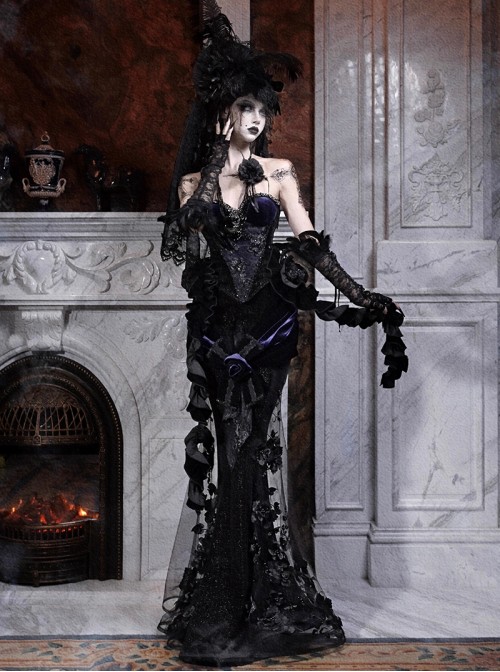Mourning Day Series Dark Gorgeous Black Beading Flowers Embroidery Purple Rose Bowknot Lace Velvet Retro Halloween Gothic Punk Fishtail Skirt