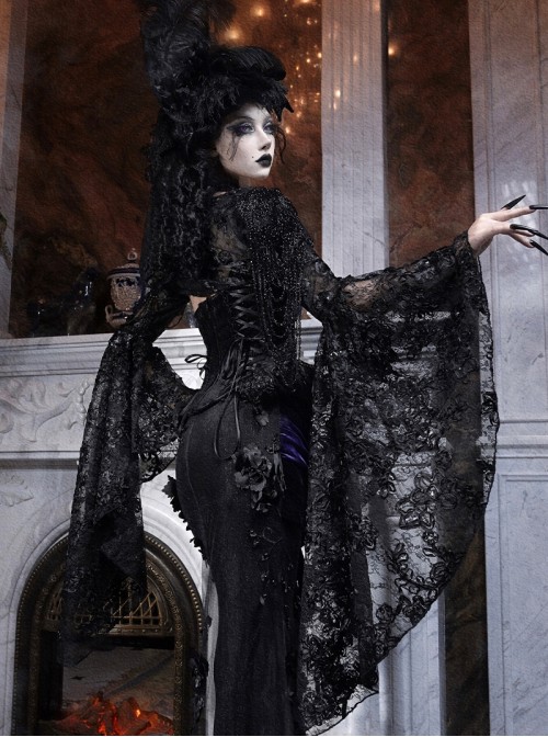 Mourning Day Series Dark Hollow Black Flower Lace Gorgeous Beaded Tassel Chain Sequined Trumpet Sleeve Gothic Long-Sleeved Top