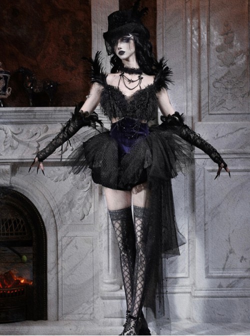 Mourning Day Series Dark Gorgeous Diamond Black Feather Lace Purple Velvet Binding Band Design Beads Mesh Tail Halloween Gothic Sleeveless Dress