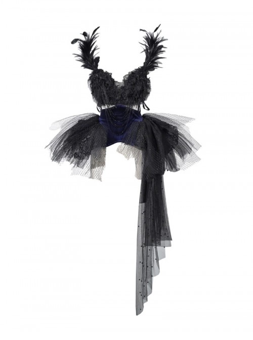 Mourning Day Series Dark Gorgeous Diamond Black Feather Lace Purple Velvet Binding Band Design Beads Mesh Tail Halloween Gothic Sleeveless Dress