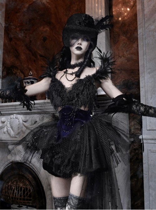 Mourning Day Series Dark Gorgeous Diamond Black Feather Lace Purple Velvet Binding Band Design Beads Mesh Tail Halloween Gothic Sleeveless Dress