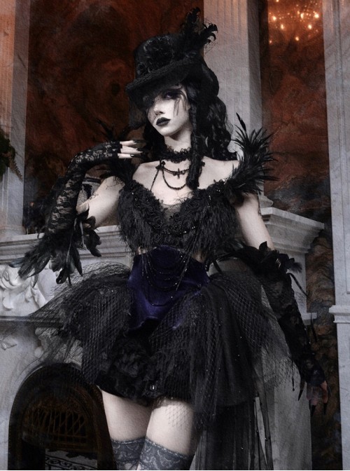 Mourning Day Series Dark Gorgeous Diamond Black Feather Lace Purple Velvet Binding Band Design Beads Mesh Tail Halloween Gothic Sleeveless Dress