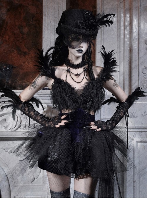 Mourning Day Series Dark Gorgeous Diamond Black Feather Lace Purple Velvet Binding Band Design Beads Mesh Tail Halloween Gothic Sleeveless Dress