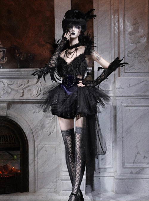 Mourning Day Series Dark Gorgeous Diamond Black Feather Lace Purple Velvet Binding Band Design Beads Mesh Tail Halloween Gothic Sleeveless Dress