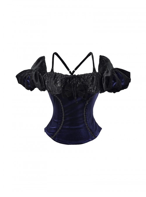 Mourning Day Series Gorgeous Dark Retro Black Floral Lace Binding Band Design Bowknot Purple Velvet Backless Halloween Gothic Puff Sleeve Top