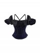 Mourning Day Series Gorgeous Dark Retro Black Floral Lace Binding Band Design Bowknot Purple Velvet Backless Halloween Gothic Puff Sleeve Top