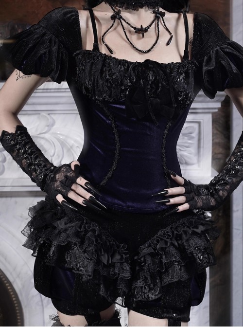 Mourning Day Series Gorgeous Dark Retro Black Floral Lace Binding Band Design Bowknot Purple Velvet Backless Halloween Gothic Puff Sleeve Top