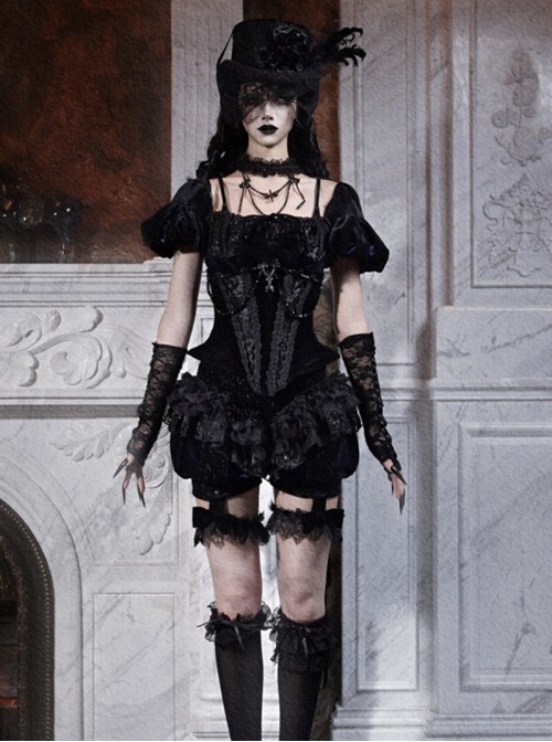 Mourning Day Series Gorgeous Dark Retro Black Floral Lace Binding Band Design Bowknot Purple Velvet Backless Halloween Gothic Puff Sleeve Top