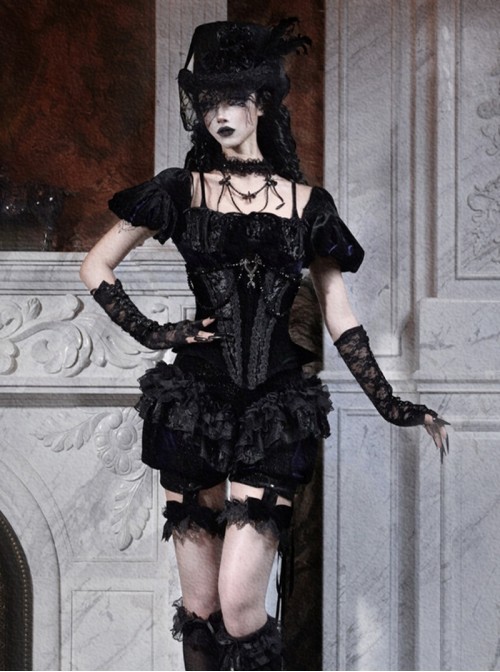 Mourning Day Series Gorgeous Dark Retro Black Floral Lace Binding Band Design Bowknot Purple Velvet Backless Halloween Gothic Puff Sleeve Top