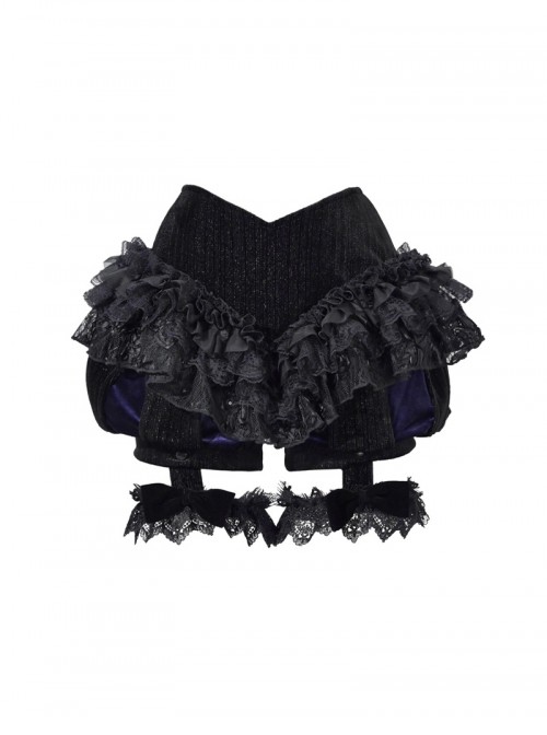 Mourning Day Series Black Gorgeous Flower Lace Bowknot Elastic Lace Leg Strap Velvet Culottes Pumpkin Pants Halloween Gothic Shorts