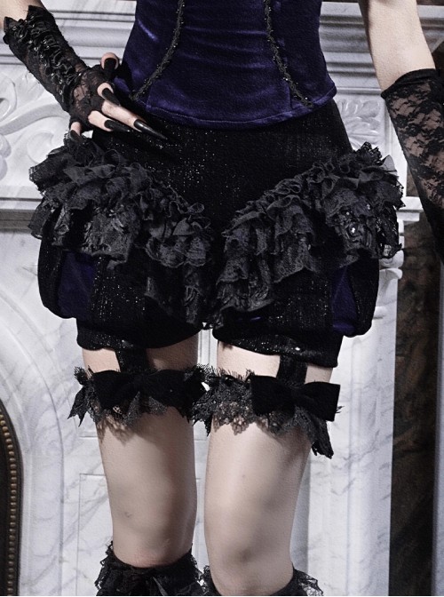 Mourning Day Series Black Gorgeous Flower Lace Bowknot Elastic Lace Leg Strap Velvet Culottes Pumpkin Pants Halloween Gothic Shorts
