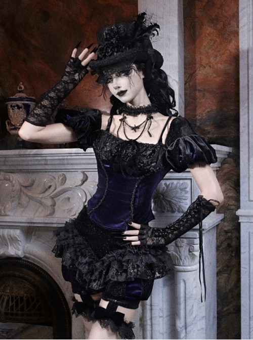 Mourning Day Series Black Gorgeous Flower Lace Bowknot Elastic Lace Leg Strap Velvet Culottes Pumpkin Pants Halloween Gothic Shorts