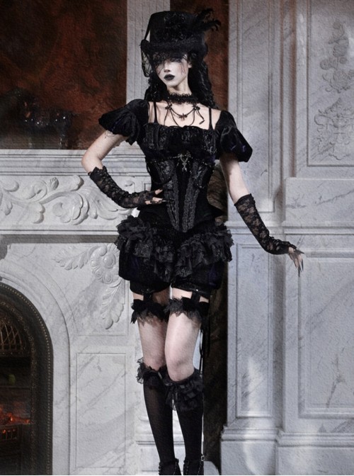 Mourning Day Series Black Gorgeous Flower Lace Bowknot Elastic Lace Leg Strap Velvet Culottes Pumpkin Pants Halloween Gothic Shorts