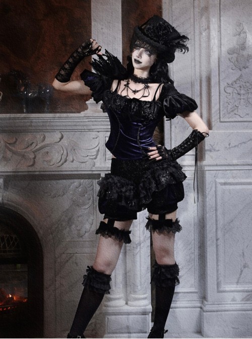 Mourning Day Series Black Gorgeous Flower Lace Bowknot Elastic Lace Leg Strap Velvet Culottes Pumpkin Pants Halloween Gothic Shorts